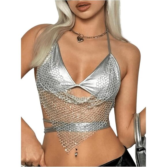 No Brand Tops - 🆕Women Sliver Glitter Sequin Fishnet Halter Tops Criss Cross Tie Back Crop Top